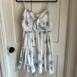 Amazon dress with blue and purple flowers with a tie in the front